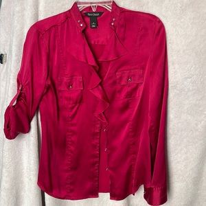 Used/ great condition, long sleeves bright burgundy, silver button.